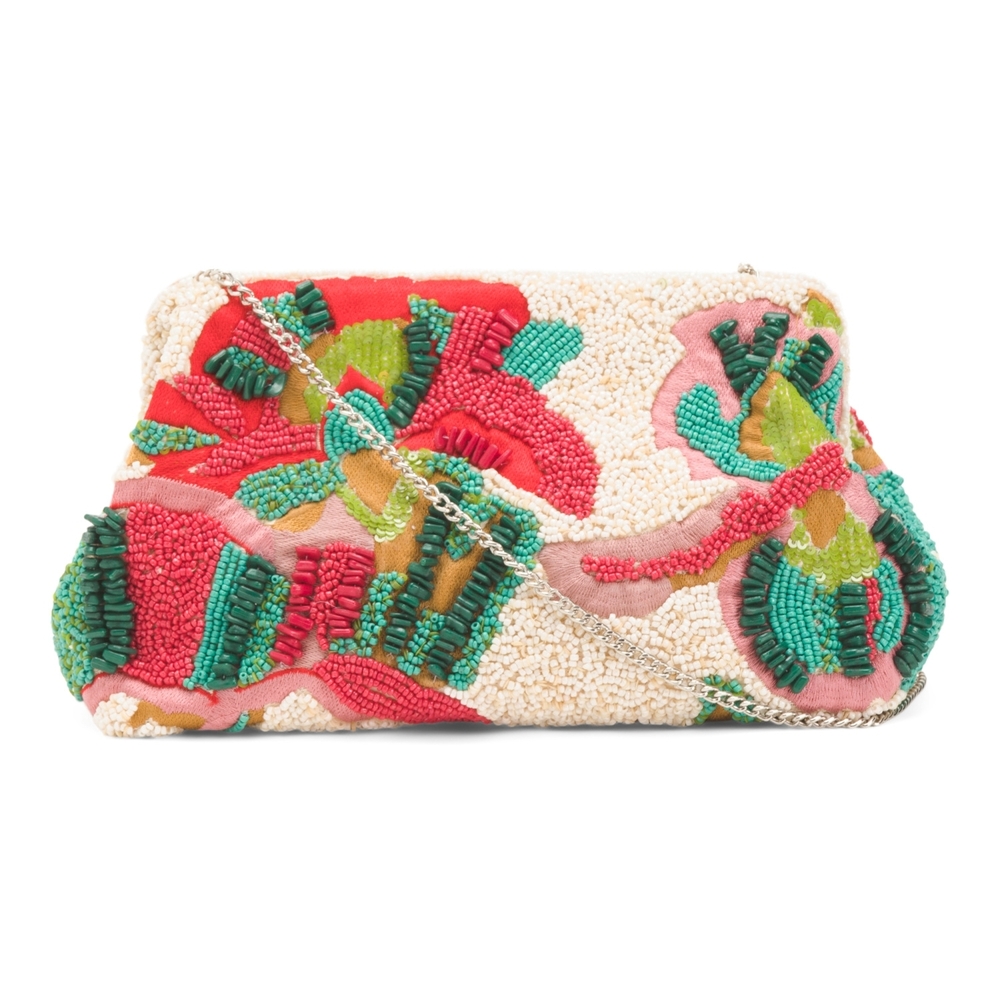 Beaded Floral Embroidered Clutch in Cream, Pink & Green